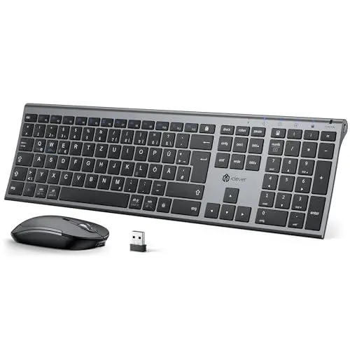 Produktbild: iClever 2.4G kabellose Tastatur und Maus Set, USB-C wiederaufladbar, Originalgröße, schlanke, dünne und widerstandsfähige Tastatur für Windows 7/8/10, Mac OS