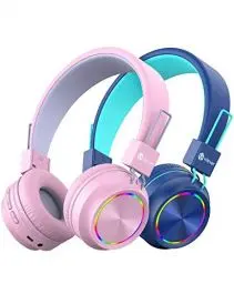 Produktbild: iClever 2 Pack Bluetooth Kinder Kopfhörer, Bunte Lichter LED, 94dB Lautstärkebegrenzung, Faltbare, Einstellbar, Kabellos und Kabel, Eingebautes Mikrofon für Schule