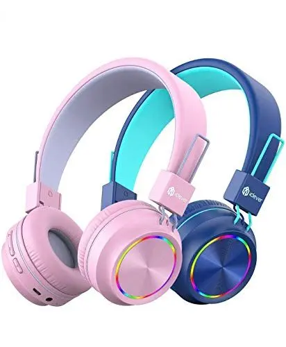Produktbild: iClever 2 Pack Bluetooth Kinder Kopfhörer, Bunte Lichter LED, 94dB Lautstärkebegrenzung, Faltbare, Einstellbar, Kabellos und Kabel, Eingebautes Mikrofon für Schule
