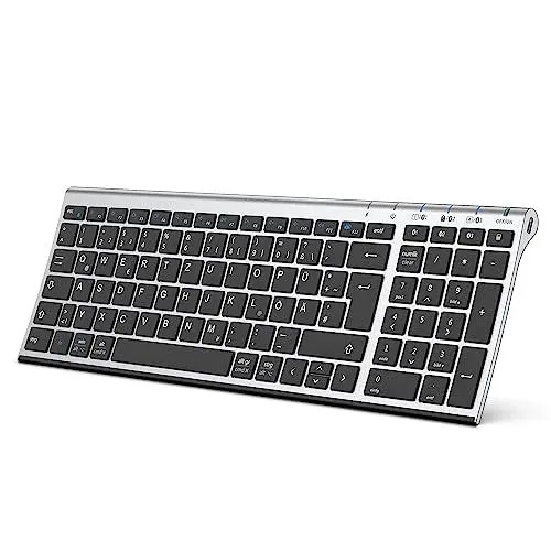 Produktbild: iClever BK10 Bluetooth Tastatur, kabellose wiederaufladbare Tastatur mit 3 Bluetooth Kanälen, Stabile Verbindung, Ultraslim Ergonomisches Design, Funk Tastatur für iOS, Android, Windows