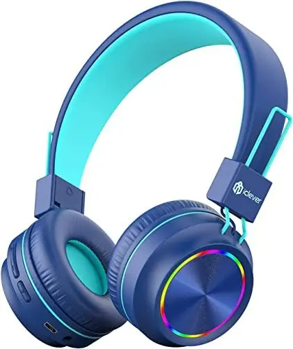 Produktbild: iClever Bluetooth Kinder Kopfhörer, Bunte Lichter LED, 94dB Lautstärkebegrenzung, Faltbare, Einstellbar, Kabellos und Kabel, Eingebautes Mikrofon für PC, Tablet, Kindle