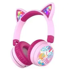 Produktbild: iClever Bluetooth Kopfhörer Kinder, 60 Stunden Spielzeit, Katzenohren mit LED-Leuchten, Sichere Lautstärke 74/85dBA, Bluetooth 5.3, USB C Aufladen, Eingebautem Mic für iPad, Tablets, Reisen, Geschenk