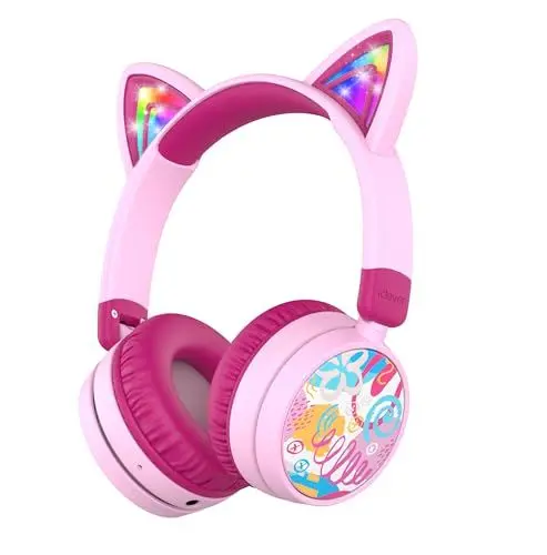 Produktbild: iClever Bluetooth Kopfhörer Kinder, 60 Stunden Spielzeit, Katzenohren mit LED-Leuchten, Sichere Lautstärke 74/85dBA, Bluetooth 5.3, USB C Aufladen, Eingebautem Mic für iPad, Tablets, Reisen, Geschenk