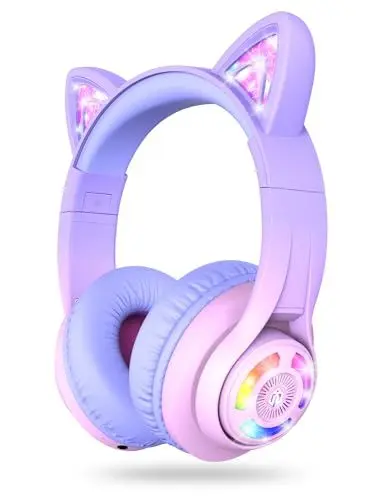 Produktbild: iClever Bluetooth Kopfhörer Kinder, Katzenohr LED Leuchten, Kabellose Kinder Kopfhörer über dem Ohr mit MIC, 74/85/94dB Begrenzte Lautstärke