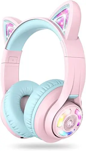 Produktbild: iClever Bluetooth Kopfhörer Kinder, Katzenohr LED Leuchten, Kabellose Kinder Kopfhörer über dem Ohr mit MIC, 74/85dBA Begrenzte Lautstärke, Bluetooth 5.2, 50 Stunden Spielzeit für Schule/Reisen