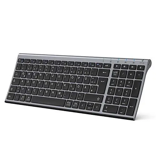 Produktbild: iClever Bluetooth Tastatur, Kabellose Tastaturen mit 3 Bluetooth Kanälen, Funk Tastatur wiederaufladbar, für Windows PC/Chrome/Mac - Graphit, Deutsches QWERTZ-Layout