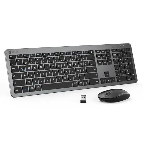 Produktbild: iClever GK08 Wireless Keyboard and Mouse - 2.4G Ultraslim Rechargeable Wireless Keyboard Mouse Set for PC, Desktop, Notebook, Laptop, Windows Mac OS, QWERTZ Layout, Black and Grey