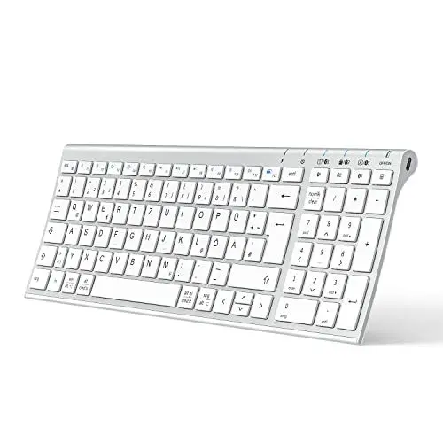 Produktbild: iClever Bluetooth Tastatur, BK10 Kabellos Tastatur mit 3 Bluetooth Kanälen, Ultraslim wiederaufladbare QWERTZ Deutsche Wireless Keyboard, Funk Mac Tastatur für iOS, Android, Windows, Weiß