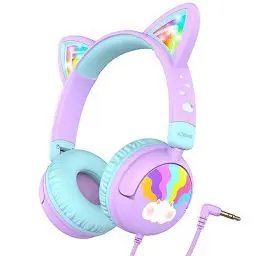 Produktbild: iClever Kinder Kopfhörer, LED Beleuchtetes Katzenohr, 85dBA Sichere Lautstärke, Stereo Sound, Kleinkind Kopfhörer, Faltbare 3,5mm Kinder kopfhörer mit Kabel für iPad, Tablets, Schule, Reisen