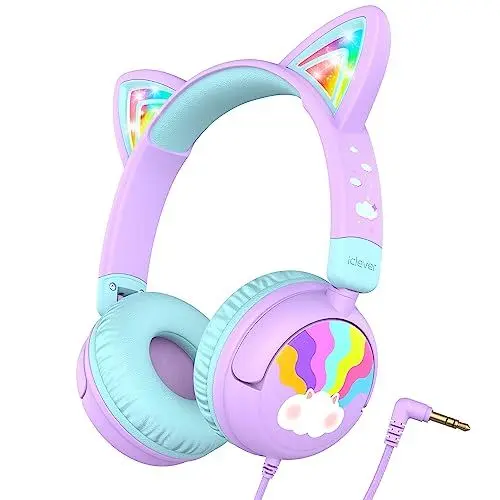 Produktbild: iClever Kinder Kopfhörer, LED Beleuchtetes Katzenohr, 85dBA Sichere Lautstärke, Stereo Sound, Kleinkind Kopfhörer, Faltbare 3,5mm Kinder kopfhörer mit Kabel für iPad, Tablets, Schule, Reisen