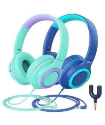 Produktbild: iClever Kinder Kopfhörer mit Sharing Splitter (2 Pack)- 85dBA Safe Volume Limited - HS22 Kopfhörer für Kinder mit Kabel, Tangle-Free 3.5mm Jack Foldable Stereo für Schule/Tablet/Reisen