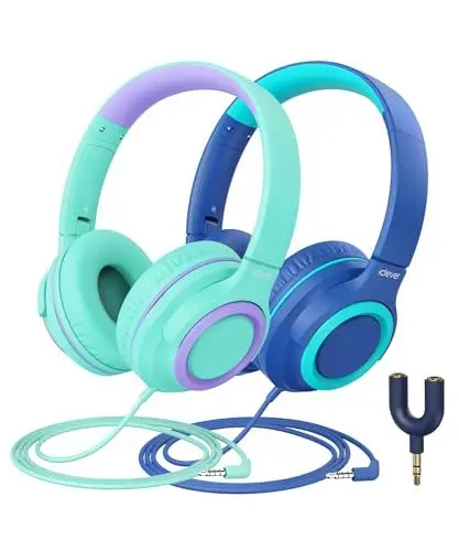 Produktbild: iClever Kinder Kopfhörer mit Sharing Splitter (2 Pack)- 85dBA Safe Volume Limited - HS22 Kopfhörer für Kinder mit Kabel, Tangle-Free 3.5mm Jack Foldable Stereo für Schule/Tablet/Reisen