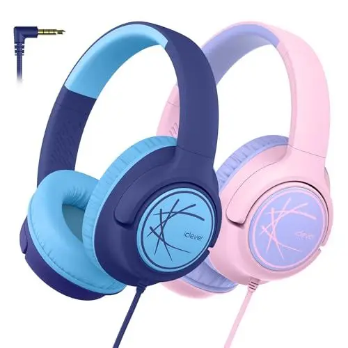 Produktbild: iClever Kopfhörer Kinder (2 Pack), Kinderkopfhörer mit Kabel 85dBA Sichere Lautstärke, Stereo Sound, Over Ear Faltbare 3.5 mm Jack Kinder Kopfhörer für iPad, Tablets, Schule, Reisen
