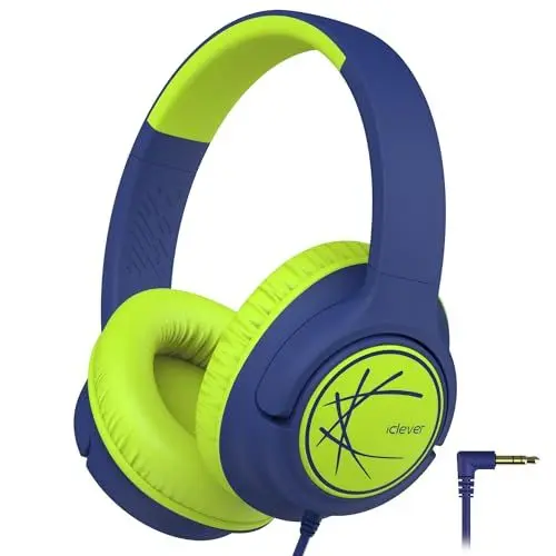 Produktbild: iClever Kopfhörer Kinder, Kopfhörer für Kinder mit Kabel 85dBA Sichere Lautstärke, Stereo Sound, Over Ear Faltbare 3.5 mm Jack Kinder kopfhörer für iPad, Tablets, Schule, Reisen, Blau Grün