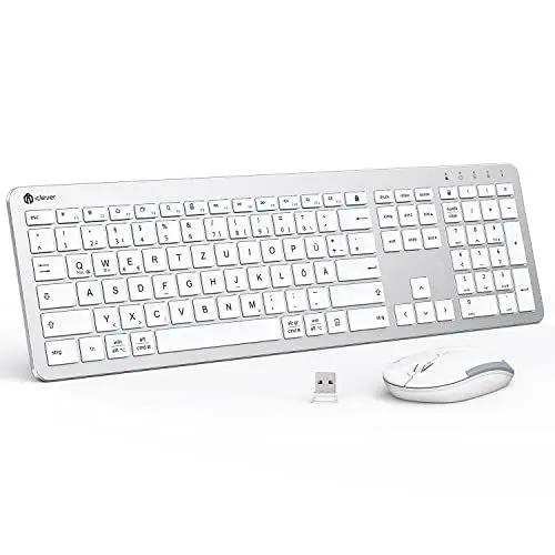 Produktbild: iClever Tastatur Maus Set Kabellos, Wiederaufladbare Kabellose Tastatur und Maus, Deutsch QWERTZ Layout, 2.4 GHz Funk Tastatur mit Maus für PC/Laptop/Smart TV, Weiß