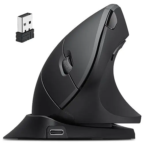 Produktbild: iClever Wireless Vertikale Ergonomische Maus, Wiederaufladbar Maus Kabellos mit Maus Jiggler, Leise 2.4G USB Funkmaus für Laptop, Computer Wireless Mouse für PC, Windows, MAC OS-Schwarz