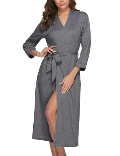 Produktbild: iClosam Bademantel Damen Baumwolle Lang Morgenmantel Leichter 3/4 Ärmeln Robe Bathrobe V-Ausschnitt mit Taschen Kimono Saunamantel Hausmantel mit Bindegürtel