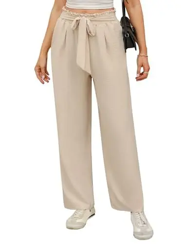 Produktbild: iClosam Leichte Sommerhose Damen Weite Lose Gerade Geschnitten Palazzo Hose Hohe Taille Dehnbar Lounge Elegante Hose mit Taschen Lang Luftige Plissee Freizeithose Beige M