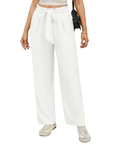 Produktbild: iClosam Palazzo Hose Damen Sommer Leicht Weite Hose mit Geradem Bein Sommerhose Kordelzug Freizeithose Einfarbig Lockere Hosen mit Taschen Lockere Bequeme Stoffhose Weiß XL