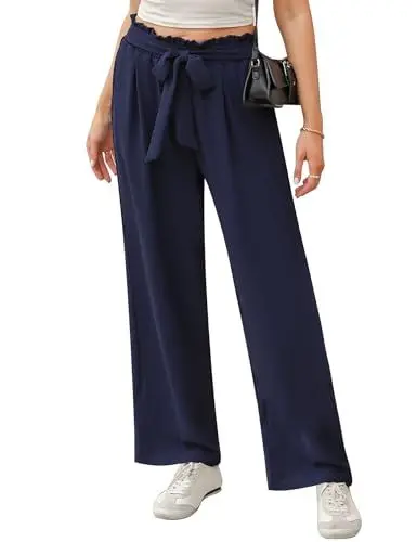 Produktbild: iClosam Stoffhose Damen Sommer Flowy Wide Leg Freizeithose Casual Beach Strandhose High Waisted Kordelzug Palazzo Hosen mit Taschen Halara Hosen Lang Weite Hose Navy blau XL