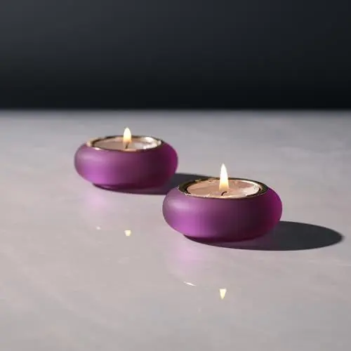 Produktbild: ICNBUYS Handgefertigte dekorative Kieselstein-Teelichthalter, 2er-Set, handgefertigt, Heimdekor-Akzent zur Beruhigung, erdig, ästhetisch, violett, mattes Finish, Harz, Durchmesser 6,6 cm