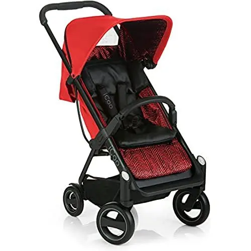 Produktbild: iCOO Acrobat kompakter Buggy bis 18 kg mit Liegefunktion ab Geburt, mit einer Hand klein klappbar, leicht - aus Aluminium, höhenverstellbarer Schiebegriff, Reflektoren – Rot