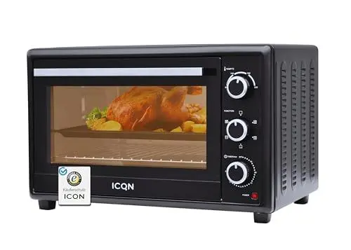 Produktbild: ICQN 50L Minibackofen mit Umluft, 1800 W, Innenbeleuchtung, 5 Kochfunktionen, 60 Min Timer, inkl. Backblech Set, Mini-Öfen