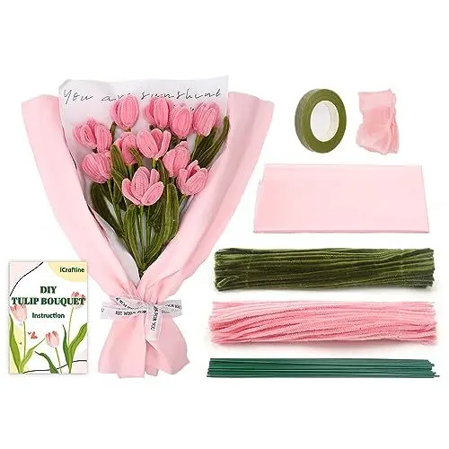 Produktbild: iCraftine 200 Stück Rohrreiniger, Bastelbedarf, Chenillestäbe, Tulpenstrauß-Set, mit Schritt-für-Schritt-Video-Tutorials für Hochzeitsgeschenk, Urlaubsdekoration