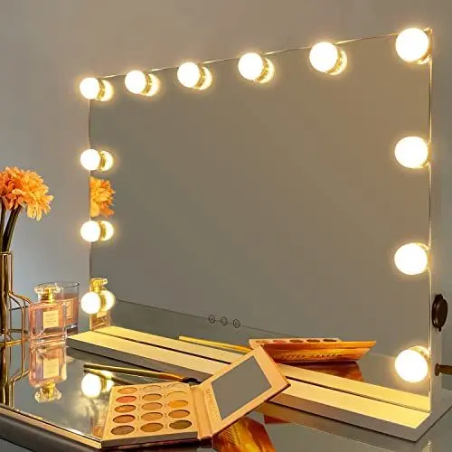 Produktbild: iCREAT Hollywood Spiegel mit Beleuchtung 58X46cm Schminkspiegel mit Licht Makeup Spiegel mit Licht 12 Dimmbare LED Lampen 3 Farbtemperatur USB Tischspiegel Kosmetikspiegel Weiß