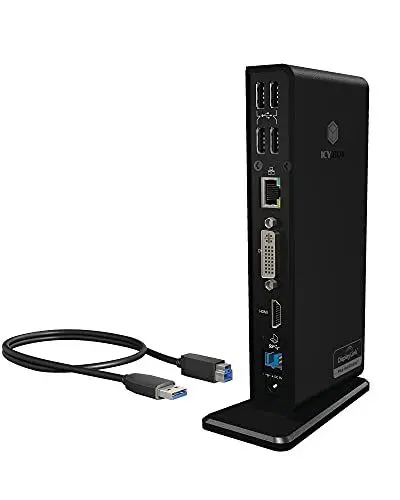 Produktbild: ICY BOX Laptop Docking Station (11-in-1) für 2 Monitore (1x HDMI & 1x DVI) mit USB 3.0, 6-fach USB HUB, Gigabit Ethernet, Audio, Schwarz, IB-DK2241AC