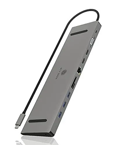 Produktbild: ICY BOX USB-C Docking Station (11-in-1) für 2 Monitore (2x HDMI & 1x VGA), 4K 30Hz, 3-fach USB 3.0 HUB, 100W Power Delivery, Gigabit Ethernet, Kartenleser, Grau, IB-DK2106-C