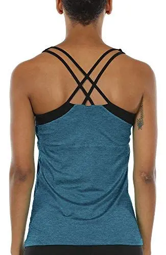 Produktbild: icyzone Damen 2 in 1 Sport Yoga Tops mit BH - Gym Shirts Fitness Trainings Tank Top (L, Grau)