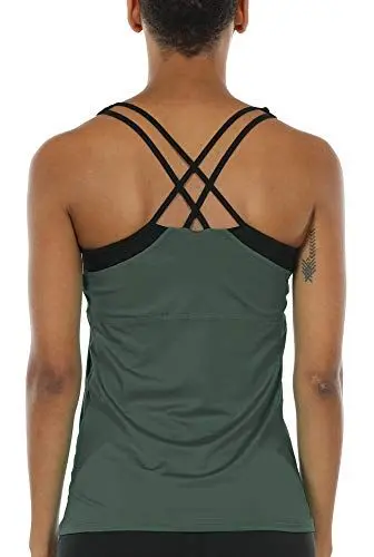 Produktbild: icyzone Damen 2 in 1 Sport Yoga Tops mit BH - Gym Shirts Fitness Trainings Tank Top (S, Rauchiges Grün)