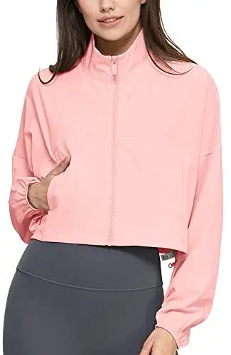 Produktbild: icyzone Damen Damen Laufjacke Trainingsjacke Atmungsaktiv Outdoor Fitness Running Sport Jacke mit Taschen UPF 50+ (Pink, L)