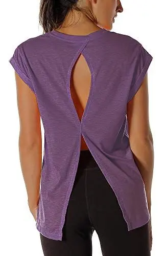 Produktbild: icyzone Damen Fitness-Trainings Kurzarm Shirt Yoga Top Loose Fit Rückenfrei Sport T-Shirt (L, Grape)
