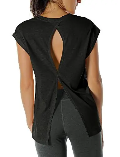 Produktbild: icyzone Damen Fitness-Trainings Kurzarm Shirt Yoga Top Loose Fit Rückenfrei Sport T-Shirt (M, Black)