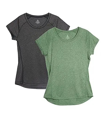 Produktbild: icyzone Damen Fitness Sport T-Shirt Kurzarm Laufshirt Gym Training Funktion Shirt, 2er-Pack (L, Schwarz/Grün)