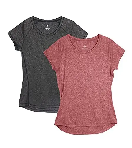 Produktbild: icyzone Damen Fitness Sport T-Shirt Kurzarm Laufshirt Gym Training Funktion Shirt, 2er-Pack (M, Schwarz/Weinrot)
