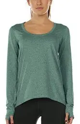 Produktbild: icyzone Damen Laufshirt Langarm Sport Shirt Atmungsaktive Langarmshirt Fitness Top Oberteil mit Daumenloch (L, Dunkelgrün)