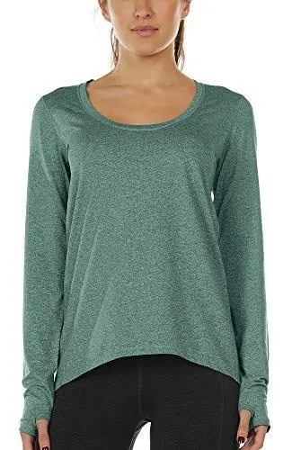Produktbild: icyzone Damen Laufshirt Langarm Sport Shirt Atmungsaktive Langarmshirt Fitness Top Oberteil mit Daumenloch (L, Dunkelgrün)
