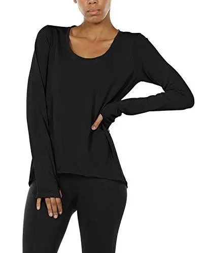 Produktbild: icyzone Damen Laufshirt Langarm Sport Shirt Atmungsaktive Langarmshirt Fitness Top Oberteil mit Daumenloch (L, Schwarz)