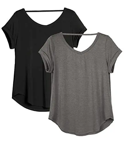 Produktbild: icyzone Damen Rückenfrei Yoga T-Shirt Kurzarm Sport Freizeit Tops Lose V-Ausschnitt Shirt, 2er Pack (S, Schwarz/Dunkelgrau)