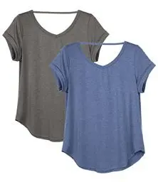 Produktbild: icyzone Damen Rückenfrei Yoga T-Shirt Kurzarm Sport Freizeit Tops Lose V-Ausschnitt Shirt, 2er Pack (XL, Dunkelgrau/Grau-blau)