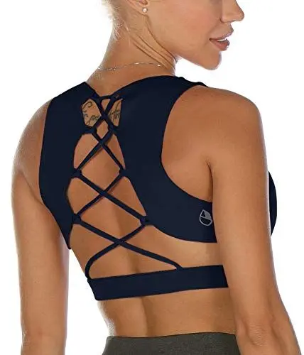 Produktbild: icyzone Damen Sport-BH Gepolstert Gekreuzt Rücken Sport Bra Ohne Bügel Fitness Yoga BH(M, Navy)