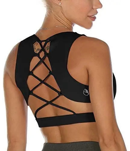 Produktbild: icyzone Damen Sport-BH Gepolstert Gekreuzt Rücken Sport Bra Ohne Bügel Fitness Yoga BH(S, Black)