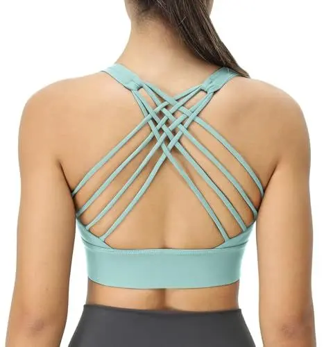 Produktbild: icyzone Damen Sport-BH Gepolstert Ohne Bügel Yoga Bra Gekreuzt Rücken Sport Gym Fitness BH (ICY Green, M)