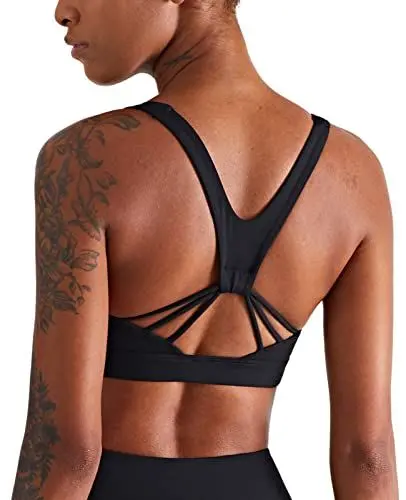 Produktbild: icyzone Damen Sport BH Starker Halt Gepolstert Training Bustier Top Fitness Yoga Bra (L, Black-V Back)