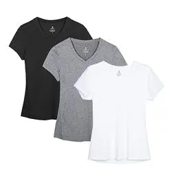 Produktbild: icyzone Damen Sport Fitness T-Shirt Kurzarm V-Ausschnitt Laufshirt Shortsleeve Yoga Top 3er Pack (L, Black/Gray/White)