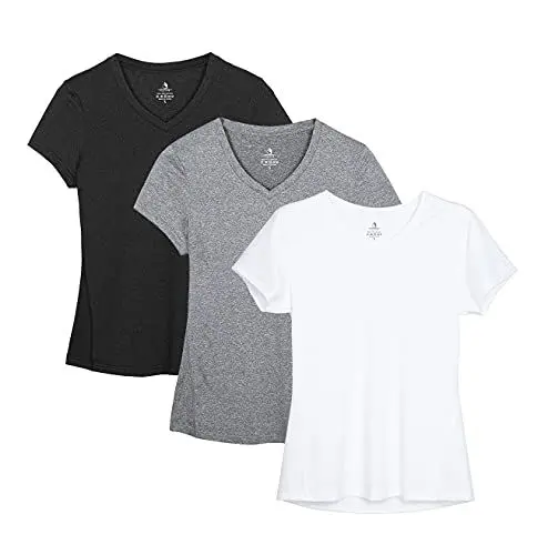 Produktbild: icyzone Damen Sport Fitness T-Shirt Kurzarm V-Ausschnitt Laufshirt Shortsleeve Yoga Top 3er Pack (L, Black/Gray/White)