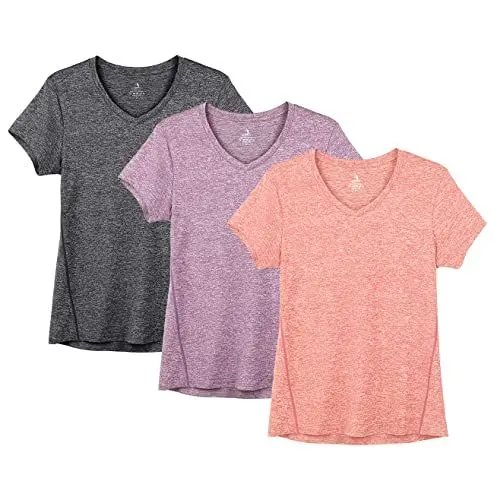 Produktbild: icyzone Damen Sport Fitness T-Shirt Kurzarm V-Ausschnitt Laufshirt Shortsleeve Yoga Top 3er Pack (M, Charcoal/Lavender/Peach)